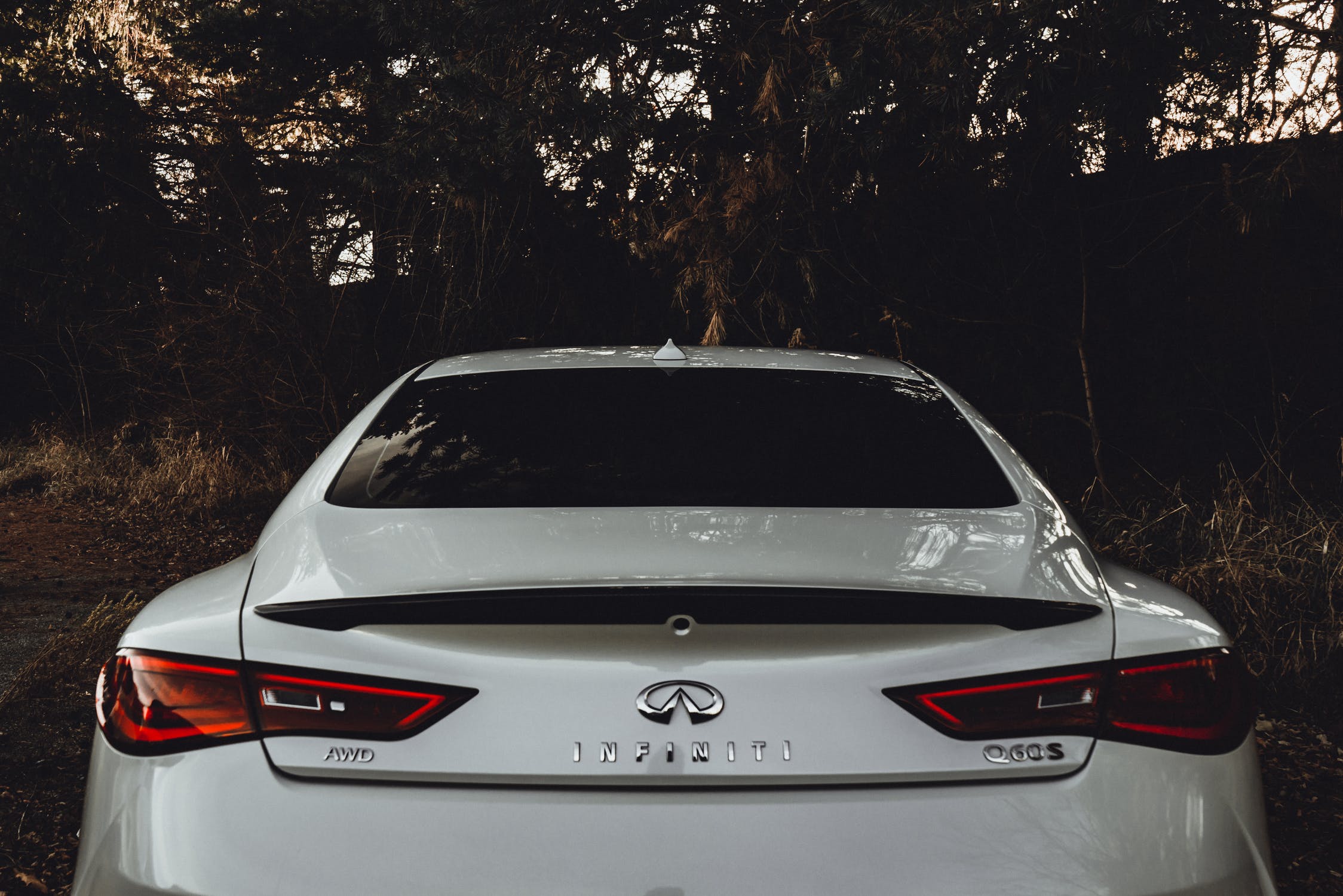 The back of a white Infiniti vehicle